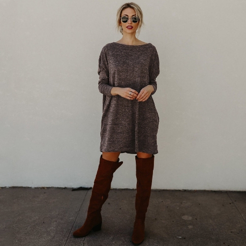 

Женщины Loose Knit Sweater Dress Long Sleeves Pockets Party Mini Straight Dress