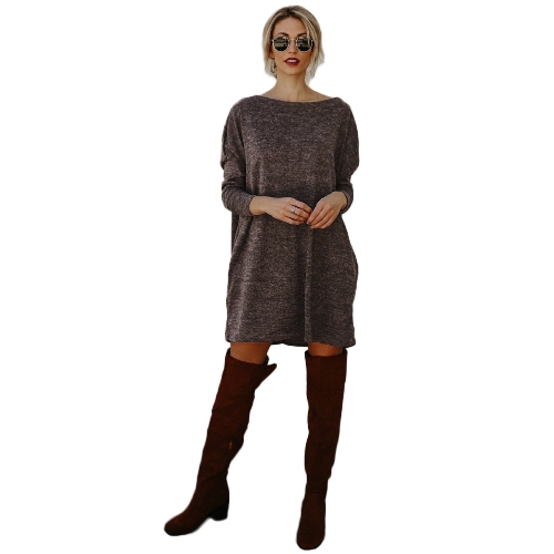 

Женщины Loose Knit Sweater Dress Long Sleeves Pockets Party Mini Straight Dress