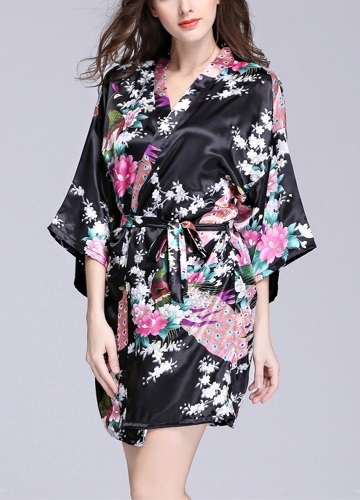 

Faux Silk Satin Цветочные птицы Версия для печати Открытая передняя половина рукава Мини платье