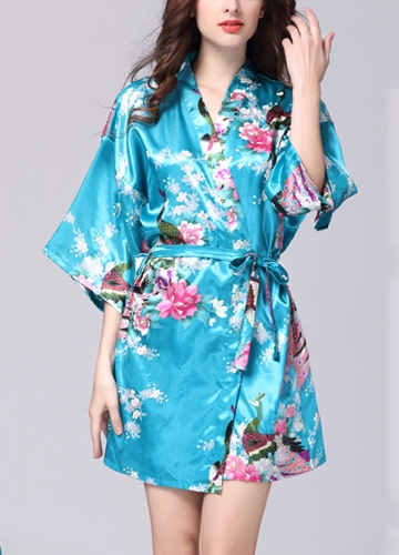 

Faux Silk Satin Floral Birds Print Open Front Half Sleeve Mini Dress