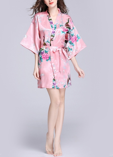 

Faux Silk Satin Floral Birds Print Open Front Half Sleeve Mini Dress