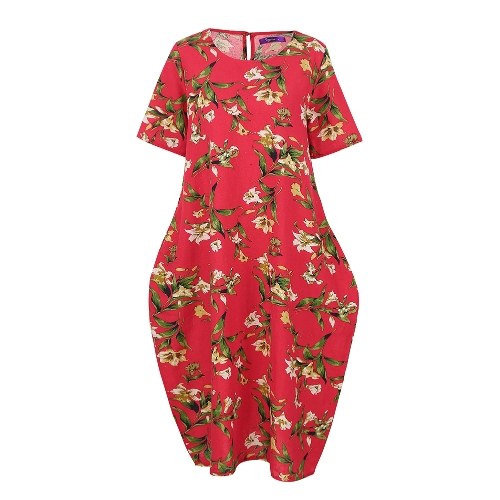 

Vintage Floral Print O-Neck Dress Short Sleeve Pockets Casual Long Dress