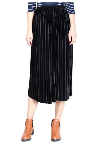 

Solid Velvet Pleated Elastic High Waist Midi Casual Skirt