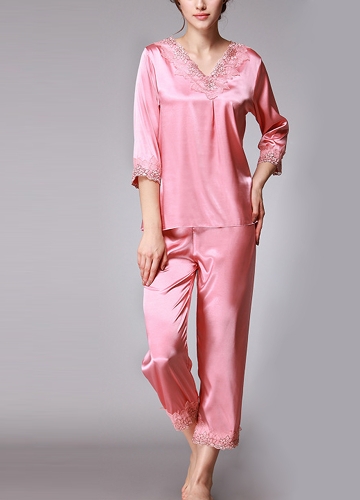 

Silk Satin Set 3/4 Sleeves Solid Floral Pajamas