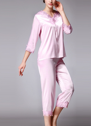 

Silk Satin Set 3/4 Sleeves Solid Floral Pajamas