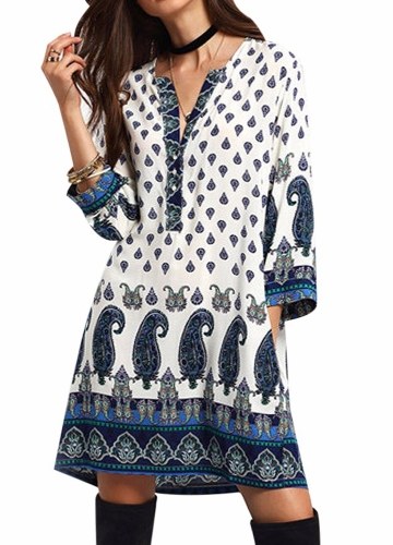 

Women Retro Paisley Loose Dress Casual Pockets Short Mini Dress