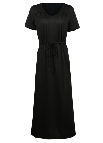 

Short Sleeves V-Neck Elastic Waist Solid Elegant Maxi Dress