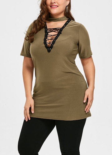 

Plus Size Lace-Up Deep V-Neck Short Sleeves Casual Top