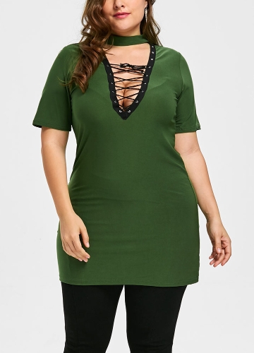 

Plus Size Lace-Up Deep V-Neck Short Sleeves Casual Top