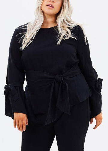 

Plus Size Bandage Belt O-Neck Long Sleeves Casual Top