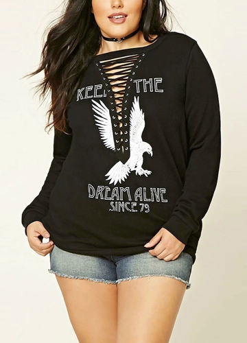 

Плюс Размер Eagle Letter Print Lace Up с длинным рукавом Повседневная толстовка