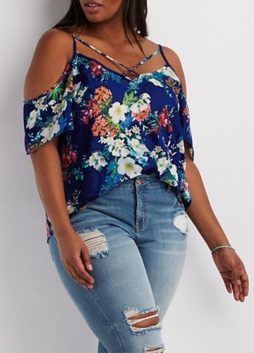 

Женщины Плюс Размер Блузка Цветочные Печать Короткие рукава Strappy Top Pullover футболка