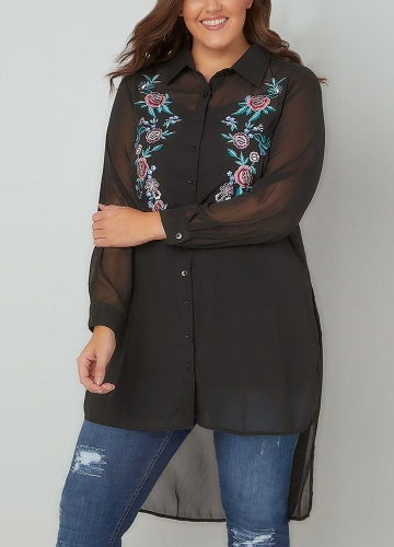 

Plus Size Chiffon Floral Embroidery Long Sleeves Vintage Open Front Cardigan