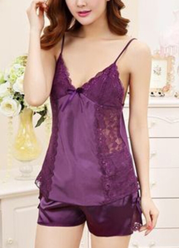Women Silk Satin Pajama Set Lace Sleeveless V-neck Homewear Sleepwear Short Pants