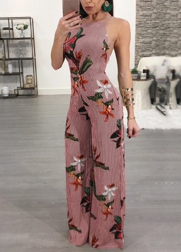 

Женские комбинезоны Цветочные печати Широкие ножки Backless без рукавов Длинные Romper Костюмы для тела