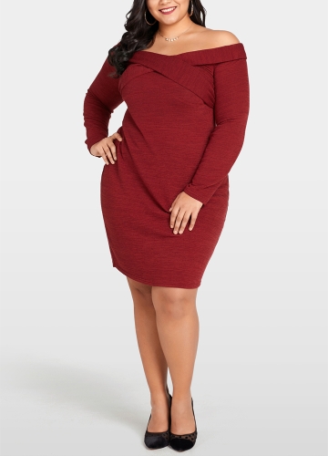 

Sexy Women Plus Size Knitted Dress Off The Shoulder Cross Front Long Sleeve Slim Bodycon Mini Dress Burgundy