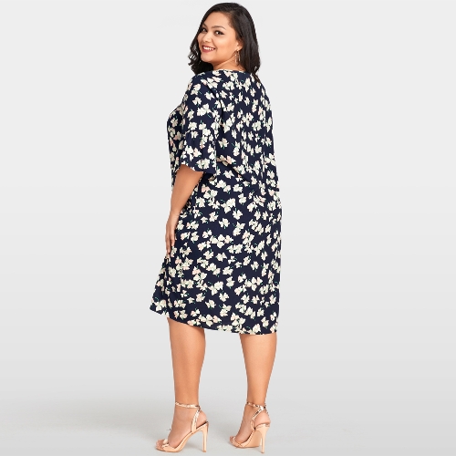 

Элегантные женщины плюс размер платья Цветочные печати Flared Sleeve Casual Loose Large Size Dress Dark Blue