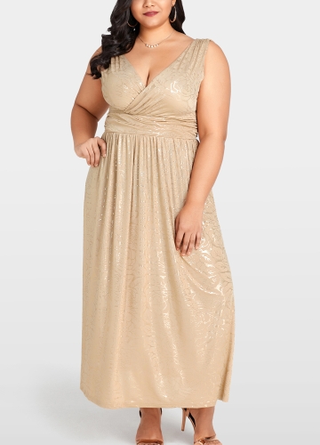 

Women Plus Size Gold Floral Maxi Dress Evening Party Club Long Dress