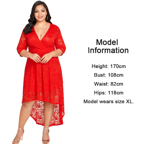 

New Women Plus Size Lace Dress Cross Front High-Low Hem Deep V-Neck Half Sleeves Party Midi Dresses