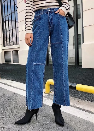 

Wide Leg Jeans with Raw Hem High Waist Solid Color