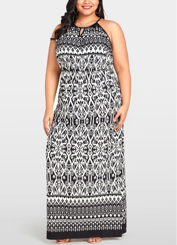 

Women Plus Size Printed Maxi Dress Cut Out O-Neck Boho Long Dress