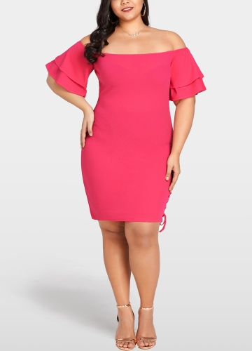 Vestito sexy Plus Size donna Solido al largo della manica manica a strati Lace Up Elegante Slim Dress Rose