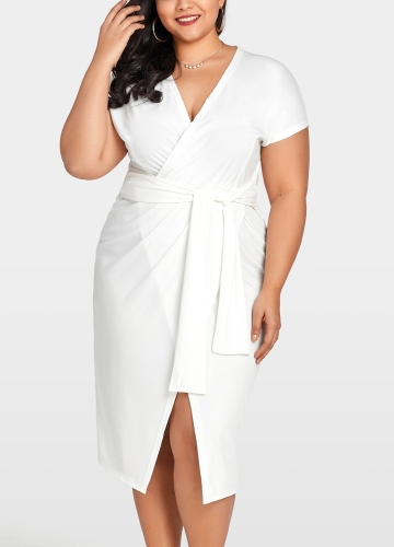 

Women Cross Over Tie Waist Dress Plus Size Party Club Midi Dress