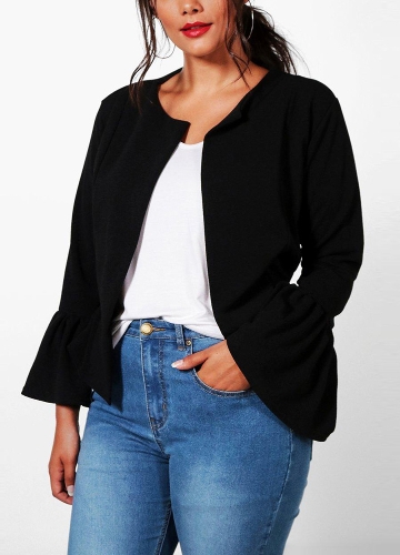 

Women Plus Size Jacket Solid Open Front Ruffle Long Sleeve Elegant Coat