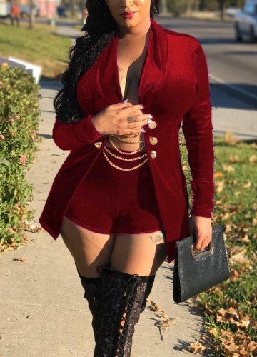 

Velvet Chain Button Long Sleeves Slim Two Piece Suit