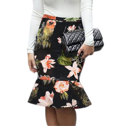 

Floral Plaid Print High Waist Slim Bodycon Ruffled Mermaid Skirt