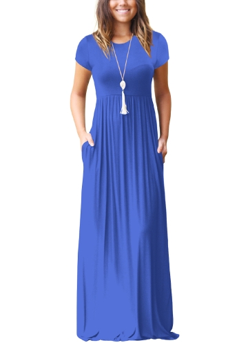 

Women Maxi Long Dress Short Sleeves O-Neck Pockets Party Evening A-Line Dresses