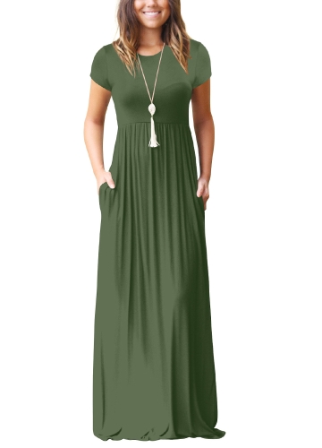 

Women Maxi Long Dress Short Sleeves O-Neck Pockets Party Evening A-Line Dresses
