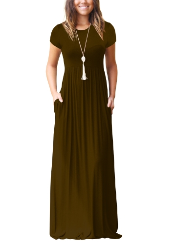 

Elegant Women Maxi Long Dress Short Sleeves O-Neck Pockets Party Evening A-Line Dresses
