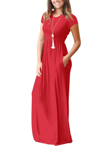 

Elegant Women Maxi Long Dress Short Sleeves O-Neck Pockets Party Evening A-Line Dresses