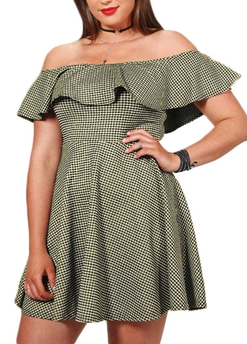 

Plaid Slash Neck Off the Shoulder Ruffle Mini Dress