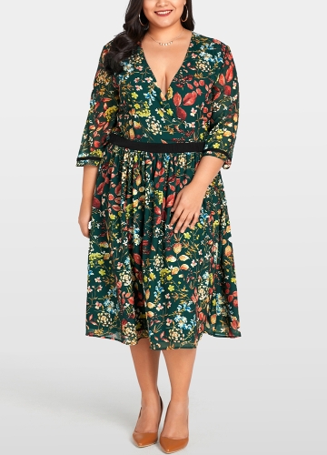 Women Plus Size Chiffon Dress Floral Print Midi Dress