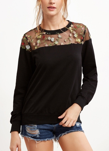 

Floral Embroidered Mesh Patchwork Sweatshirt