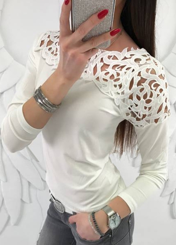 

Женщины Slim T-Shirt Lace Splice Длинные рукава Solid Color Top