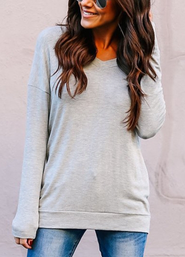 

New Sexy Women Backless T-Shirt V Neck Long Sleeves Irregular Tee Shirt Tops Grey