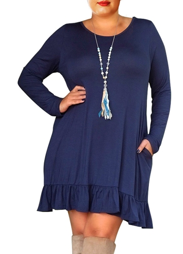 

Plus Size Solid Long Sleeves Ruffle Hem Casual Dress