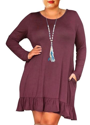 

Plus Size Solid Long Sleeves Ruffle Hem Casual Dress