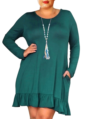

Plus Size Solid Long Sleeves Ruffle Hem Casual Dress