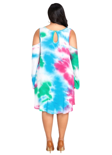 Women Plus Size Dress Watercolor Gradient Print Cold Shoulder Long Flare Sleeve Midi One-Piece Green