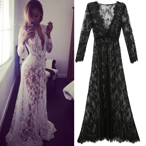 

Women Beach Deep V Neck Long Dress Lace Cover Up Transparent Maxi Dress