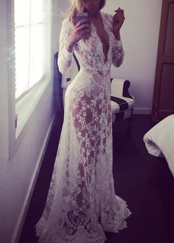 

Women Beach Deep V Neck Long Dress Lace Cover Up Transparent Maxi Dress