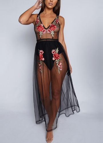 

Sheer Mesh Floral Embroidery V-Neck Backless Sleeveless Dress
