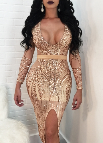 

Женщины Sequined Bodycon Dress Sheer Mesh Front Slit Bandage Party Dress Clubwear