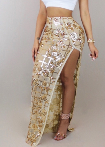 

Женщины Sheer Mesh Sequined юбка Side Split Back Zipper Maxi Skirt Clubwear