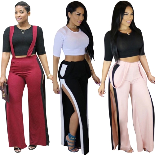 

New Women Slim Crop Top Overalls Half Sleeves High Split Wide Legs Casual Dungarees Rompers