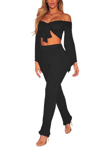 

Women Two Piece Set Ribbed Crop Top Pants Bandeau Tie High Waist Suits